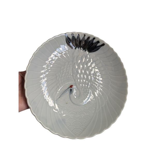 Red Crowned Crane Japanese Celadon Porcelain Early 20th Century Vintage Plates - Picture 4 of 16
